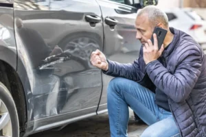 Man on phone looking at his car that's been side swiped