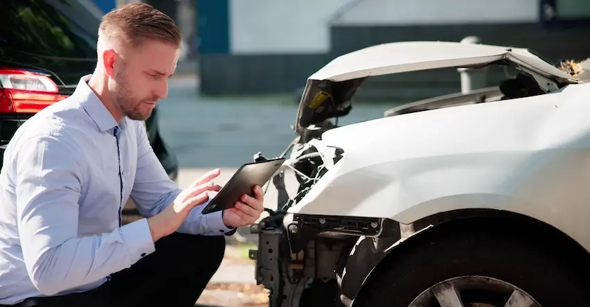 An insurance adjuster is documenting front-end vehicle damage on a tablet for car insurance claim processing in the Metro Atlanta area.