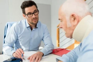 A Sandy Springs car accident lawyer talks with a man who was injured in a car crash.