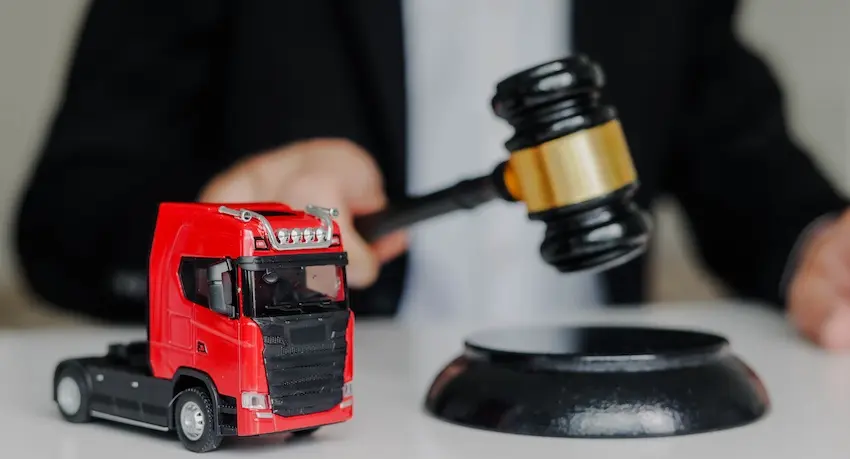 A lawyer in a black suit from Atlanta Metro Law is holding a dark wooden judge's gavel with a gold band directly over a detailed red toy semi-truck cab on a white surface symbolizing the legal accountability that trucking companies and drivers face when a commercial vehicle is involved in a collision that injures other motorists in Metro Atlanta.